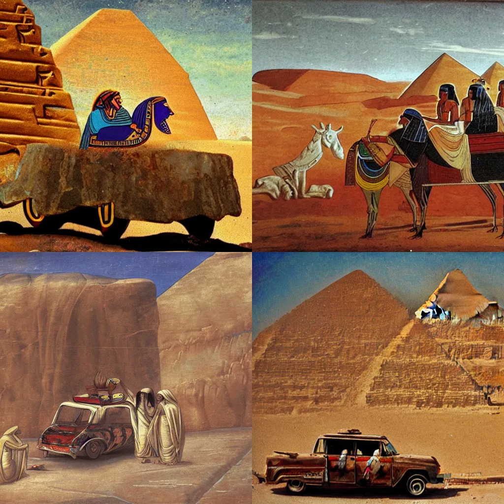 Prompt: egyptian rides in a car behind the wheel, rock painting, fresco