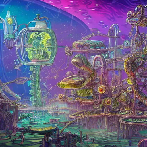 Prompt: mythical dreamy organic translucent bio-mechanical overpopulated underwater sci-fi steampunk city with seahorses, highly detailed, intricate crystal jelly steampunk ornate, in Rick and Morty art style