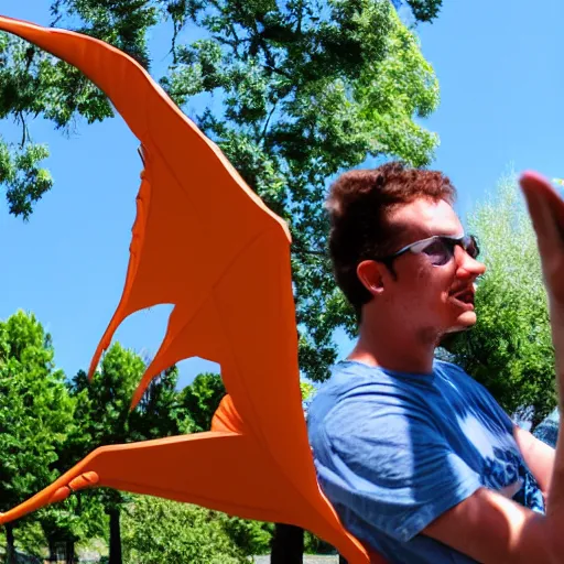 Prompt: pterodactyl hanging out with people in a park