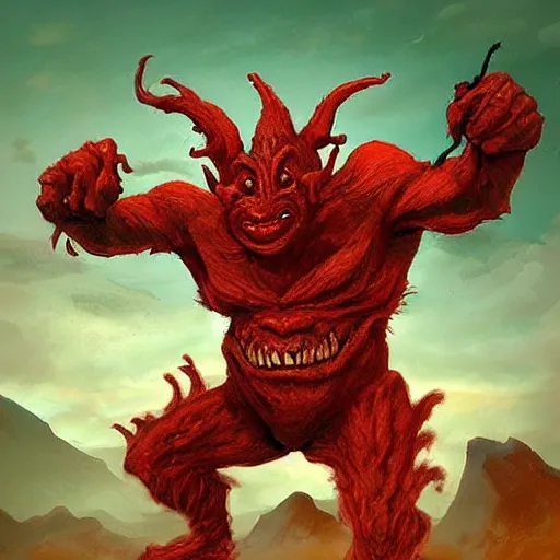 Image similar to “ a highly detailed red volcanic goblin, like magic the gathering, goblin chainwalker, with a volcano in the background, digital art, by christopher rush ” w 7 6 8