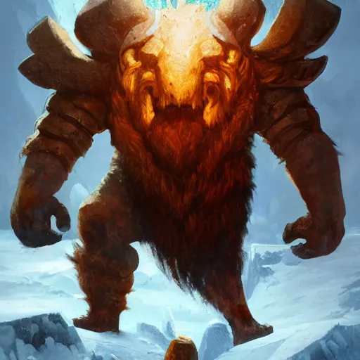 Image similar to ornn with beard the molten god ram of forge with his anvil in the ice world by greg rutkowski