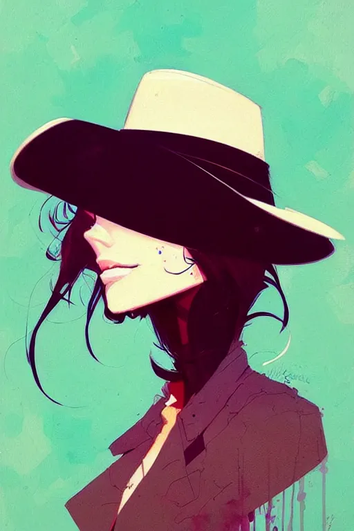 Image similar to a ultradetailed beautiful painting of a stylish woman wearing a cowboy hat and smirking by conrad roset, greg rutkowski and makoto shinkai trending on artstation