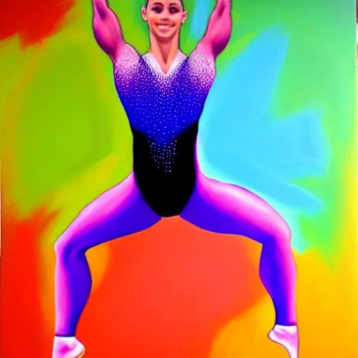 Prompt: very beautiful gymnast on fluid masses of oil paint, bright colours, hyperrealistic