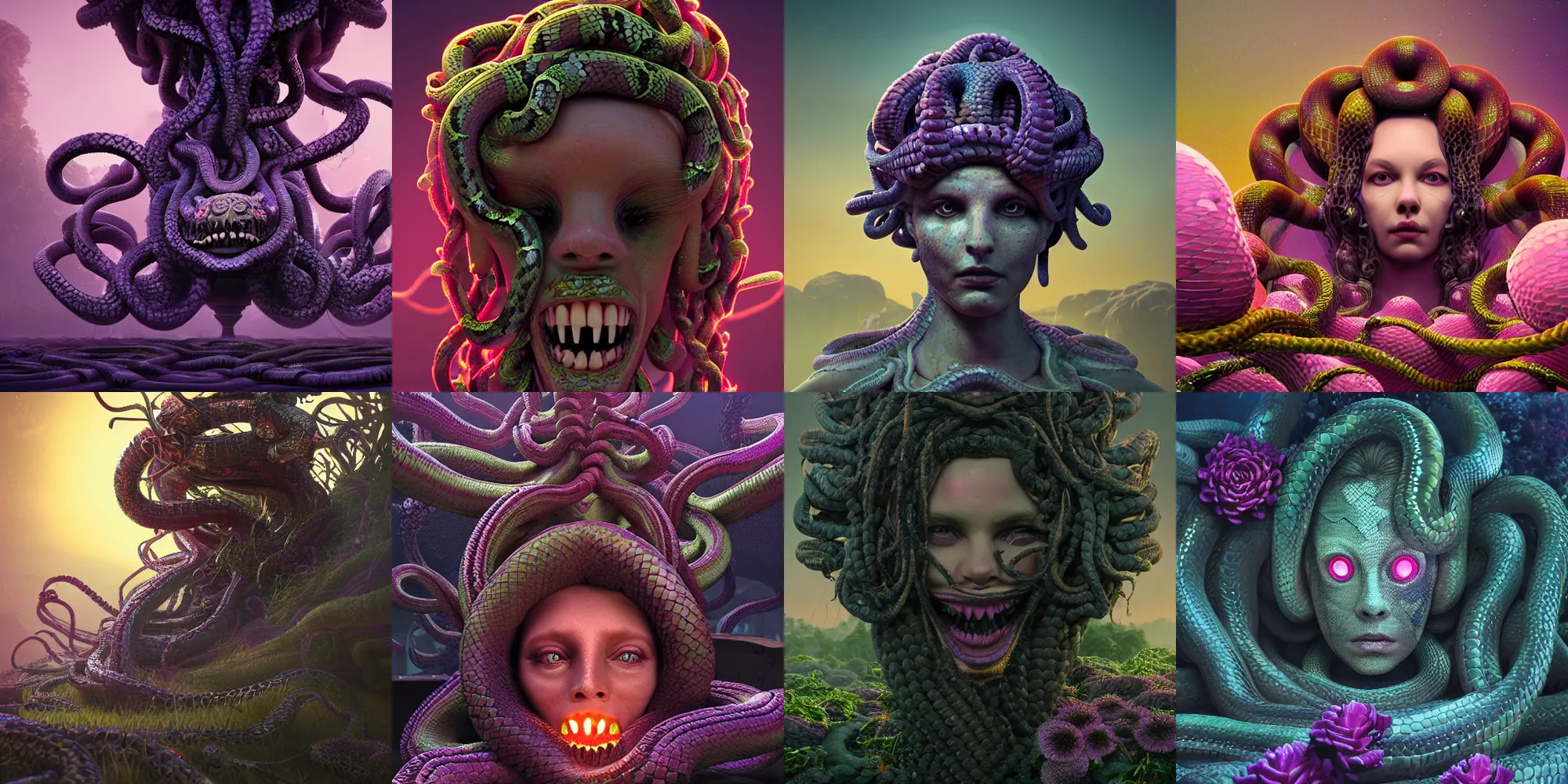 Image similar to creepy medusa gorgon gaze head, highly detailed snakes, beautiful flowers, beautiful dark creepy landscape, in the style of beeple and mike winkelmann, intricate, epic lighting, cinematic composition, hyper realistic, 8 k resolution, unreal engine 5, raytracing, ultraviolet colors,