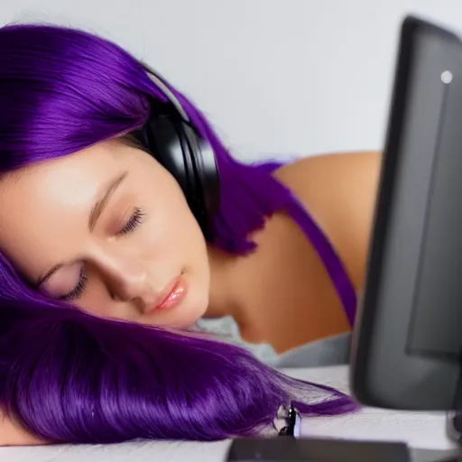 Prompt: beautiful purple - haired female sleeping at desktop computer, wearing headphones, snoring, stylized