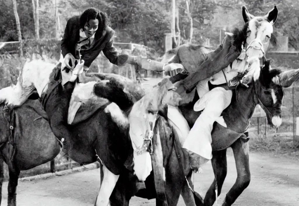 Image similar to michael jackson as a 1 9 5 0 s vampire riding a donkey