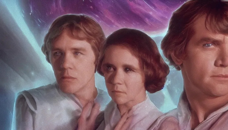 Image similar to screenshot portrait of Luke Skywalker and Princess Leia, facing off against an incredibly haunting female sith lord in white, on a sith planet of purple magic maelstrom, iconic scene from the 1970s sci fi thriller film by Stanley Kubrick, HR Geiger, stunning cinematography, hyper-detailed, sharp, anamorphic lenses, kodak color stock, 4k, stunning