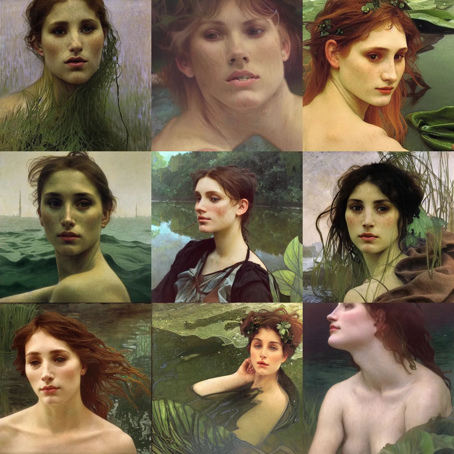 Prompt: hyperrealist portrait in a river, close up half body face, dark green water, algae, by alphonse mucha and lucian freud and bouguereau, foggy twilight lighting, very detailed faces