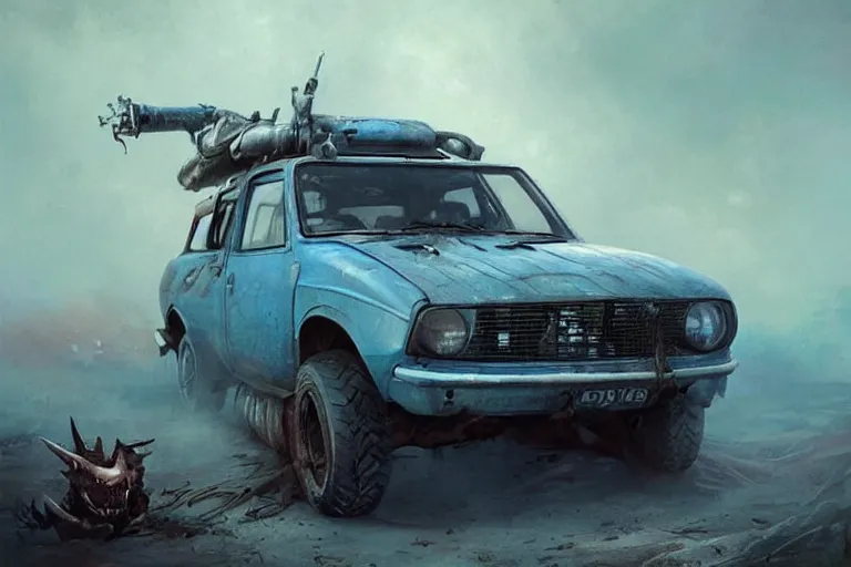 Prompt: a Dacia 1310, in Mad Max style, coriolios rpg art style, full of details, dark sci-fi, cold blue colors, matte painting, artstation, 8k, hyperrealistic, style of peter mohrbacher