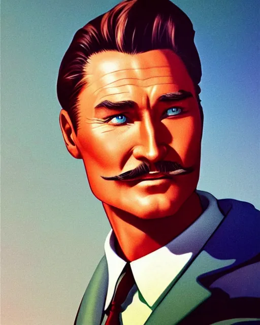 Image similar to Errol Flynn as a scientist. 1980s dystopian Soviet Russia, propaganda screens. Unreal engine, fantasy art by Ilya Kuvshinov. Faithfully depicted facial expression, perfect anatomy global illumination, radiant light, detailed and intricate environment