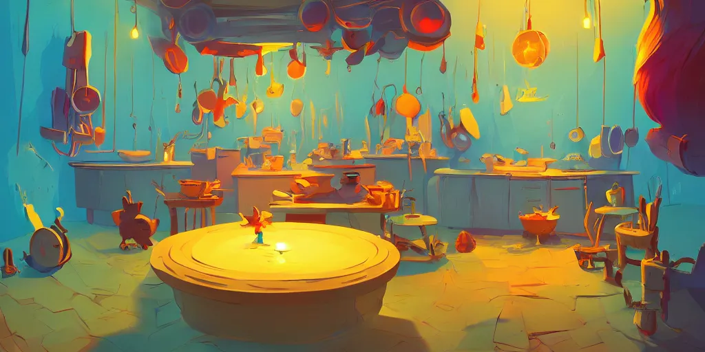 Prompt: weird perspective, cel shading, epic illustration of a kitchen dim lit by 1 candle in a scenic spiral environment by anton fadeev from lorax movie, trending artstation