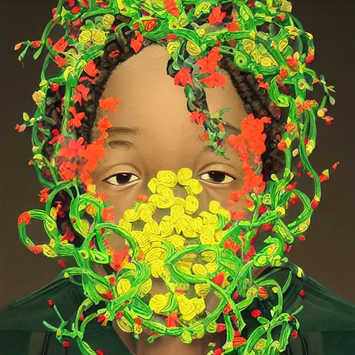 Image similar to colourful vfx art - portrait of nigerian boy wrapped in flowers & vines, art by utagawa kunisada & james jean, volumetric light, ray tracing, unreal engine, octane render, sharp, detailed, digital painting, illustration, highly detailed, intricate detail, pinterest, behance, art station,