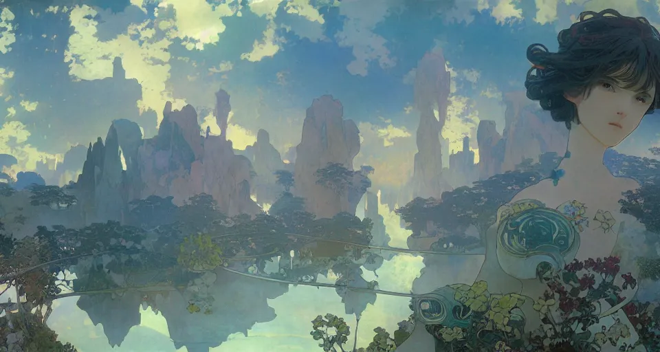 Image similar to A beautiful landscape painting of utopian future by Alfons Maria Mucha and Yoshitaka Amano and Makoto Shinkai