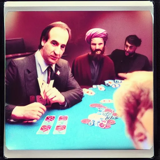 Image similar to 80s Polaroid flash photo, Saul Goodman playing poker with the taliban