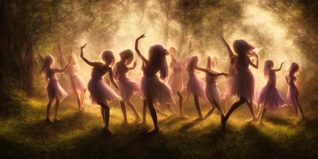 Image similar to masterpiece ephemeral elven girls dancing in the woods at dusk, by rossdraws, majestic, volumetric lighting, porcelain skin, photorealistic, intricate, trending on artstation 8 k