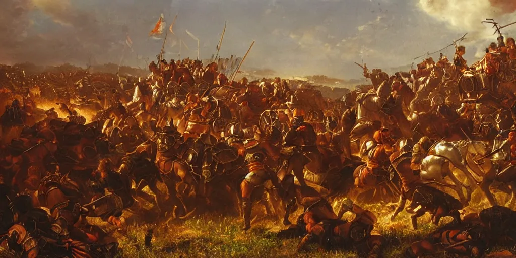 Image similar to Highly detailed and atmospheric Romantic-period oil painting of the battle of Pharsalus, dynamic lighting, 8K