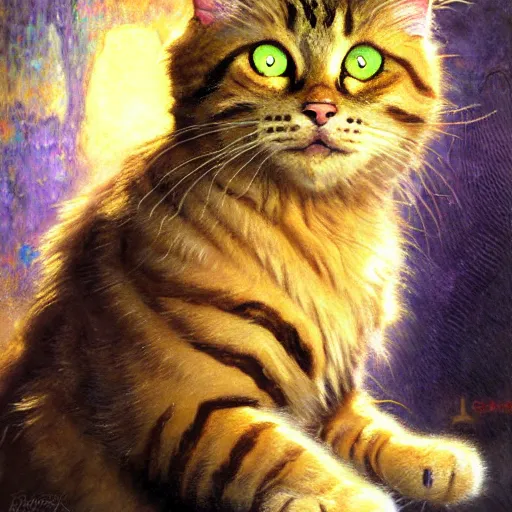 Image similar to a portrait of a humanoid fluffy tabby cat feline with green human eyes wearing a jumpsuit. shadowrun cyberpunk fantasy highly detailed painting by gaston bussiere craig mullins jc leyendecker gustav klimt artgerm greg rutkowski john berkey, bergey, craig mullins, ruan jia, raymond swanland, jeremy mann, tom lovell, alex malveda