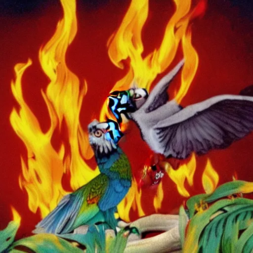 Image similar to parrot burning alive, huge fire, cartoon blood dripping