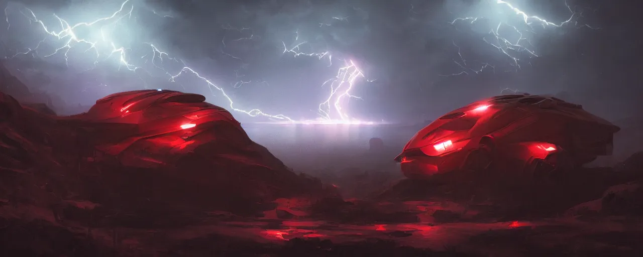 Image similar to an image of an alien vehicle in the night on a mountain with red headlights on by Paul Chadeisson, atmospherical, heavy storm, lightnings , concept art, high detail, intimidating , cinematic, Artstation trending, octane render