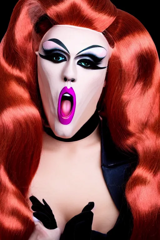 Image similar to 4k art deco portrait of a drag queen (man in drag with shocked surprised expression) wearing: heavy drag makeup, huge long auburn wig styled in oversized pigtails with big pink bows