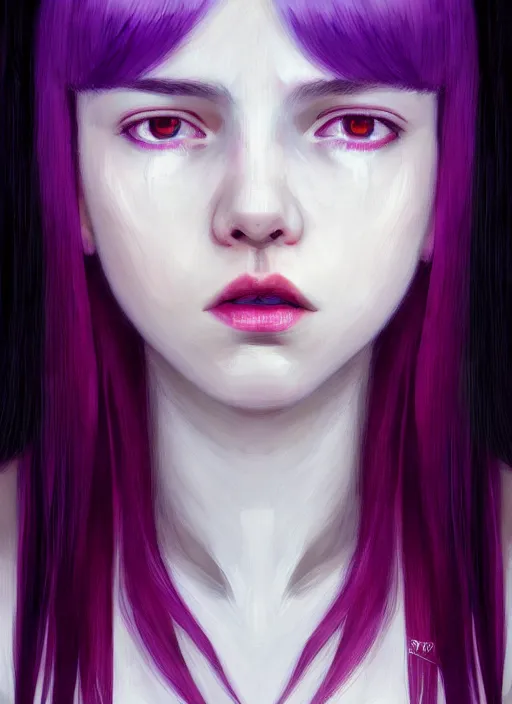 Image similar to portrait of teenage girl, red irises, bangs, black and white hair, white bangs, purple clothes, white bangs, two color hair, black hair and white bangs, intricate, elegant, glowing lights, highly detailed, digital painting, artstation, concept art, smooth, sharp focus, illustration, art by wlop, mars ravelo and greg rutkowski