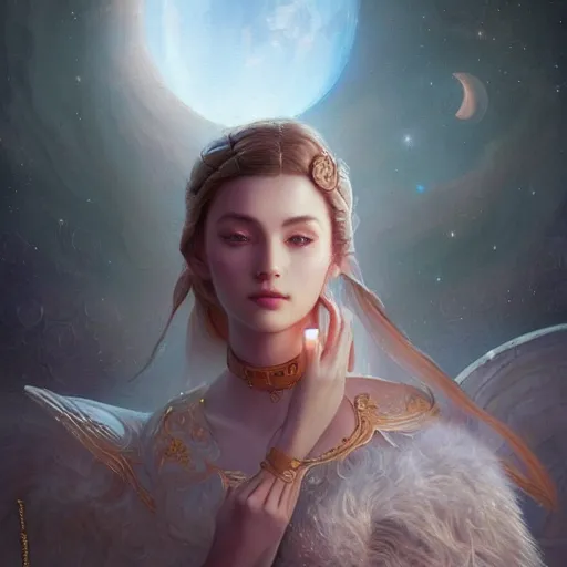 Image similar to a beautiful digital painting of a princess, princess, the moon behind her, intricate, cinematic lighting, highly detailed, digital painting, concept art, smooth, sharp focus, illustration, art by tom bagshaw, artgerm and greg rutkowski - 1 0 0 k