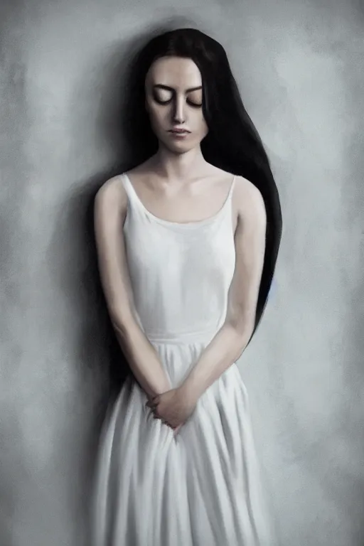 Prompt: a portrait of a young woman stands alone in a dimly lit room, she is wearing a flowing white dress, her skin is pale and smooth, eyes are closed, digital art, realistic, 3 d art, illustration, fantasy art, portrait, portrait painting, digital art, fine arts, digital, detail, image, picture, realistic