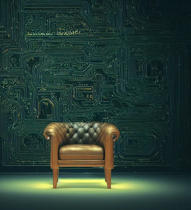 Image similar to a comfortable leather armchair made from gpus, intricate details, neon lights, black background, octane render