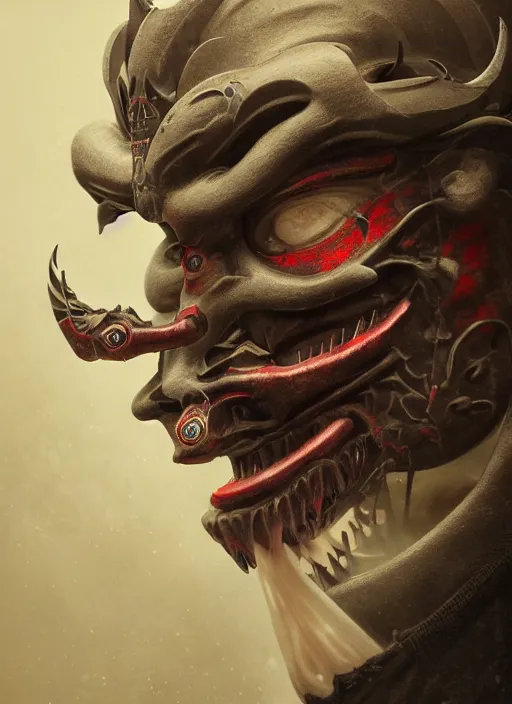 Image similar to dark samurai portrait, symmetrical face, hannya oni mask, after a battle, dirt and unclean, extreme detail, cinematic, dramatic lighting render, by tom bagshaw, masterpiece