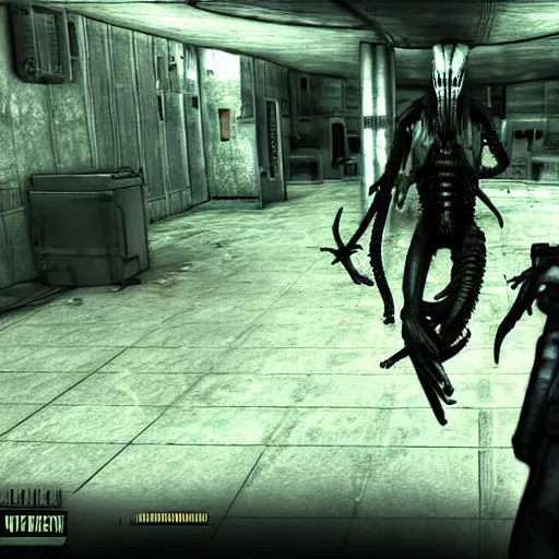 Prompt: Xenomorph in Fallout 3, screenshot, gameplay