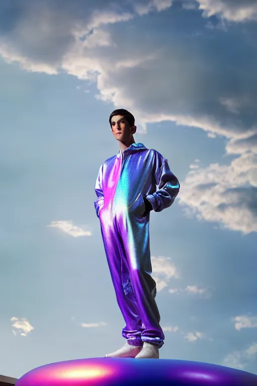 Image similar to un ultra high definition studio quality photographic art portrait of a young man standing on the rooftop of a british apartment building wearing soft baggy inflatable padded iridescent pearlescent jumpsuit. three point light. extremely detailed. golden ratio, ray tracing, volumetric light, shallow depth of field. set dressed.