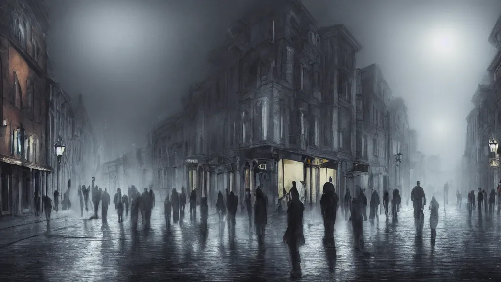 Image similar to a large black sphere with glowing edges over a crowd of people on street of the old town with houses in the windows of which the light is on. early morning, fog on ground, wet street. mike barr painting. volumetric light, dull colors, dark, noir arthouse, 3 5 mm, hight detalied, hd, 4 k