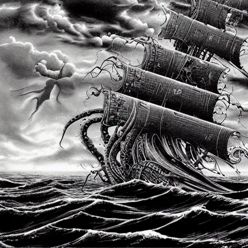 Image similar to a highly detailed hyperrealistic scene of a ship being attacked by giant squid tentacles, jellyfish, squid attack, dark, voluminous clouds, thunder, stormy seas, pirate ship, dark, high contrast, yoji shinkawa, scary, m.c. Escher, highly detailed, brutal, beautiful, octopus arms attacking the ship from the storm, illusion