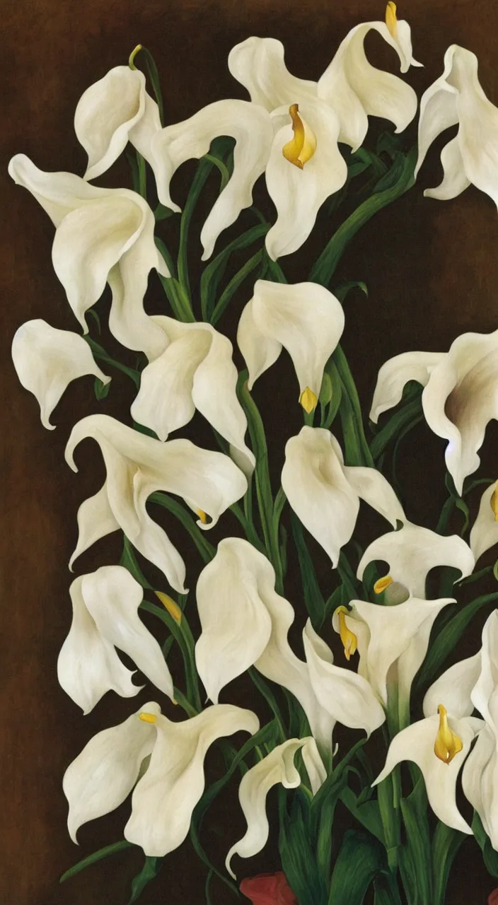 Image similar to portrait of a cream colored havanese dog with calla lillies, mexico, painting by diego rivera realism 1 9 3 5