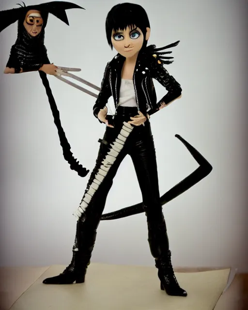 Prompt: singer joan jett wearing form fitting leather pants as a highly detailed stop motion puppet, in the style of laika studios ’ s paranorman, coraline, kubo and the two strings shot in the style