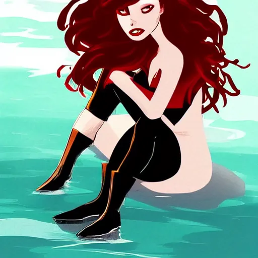 Image similar to a beautiful comic book illustration of a vampire woman with long red hair sitting near a lake at night by chip zdarsky, featured on artstation