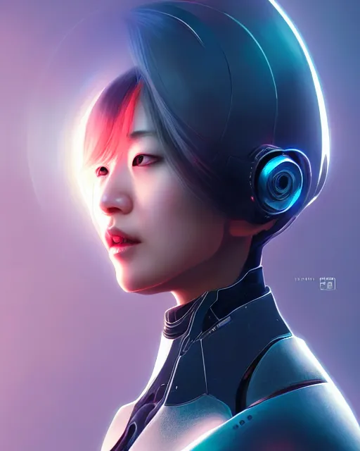 Prompt: kim hyun joo as an android, rose hair, cyborg, warframe, cinematic, illuminated, sunny, beautiful girl, advanced technology, futuristic, digital painting by ilya kuvshinov, akiko takase, eugene gottsnake, stanislav istratov and su fu and antoine collignon