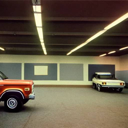 Image similar to 1979 Bronco Mercury Colony Park, inside of an auto dealership, ektachrome photograph, volumetric lighting, f8 aperture, cinematic Eastman 5384 film