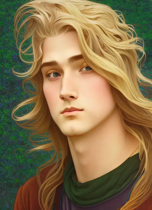 Image similar to pretty young man with shoulder length shiny shimmering golden blond hair, path traced, highly detailed, high quality, digital painting, by studio ghibli and alphonse mucha, leesha hannigan, disney