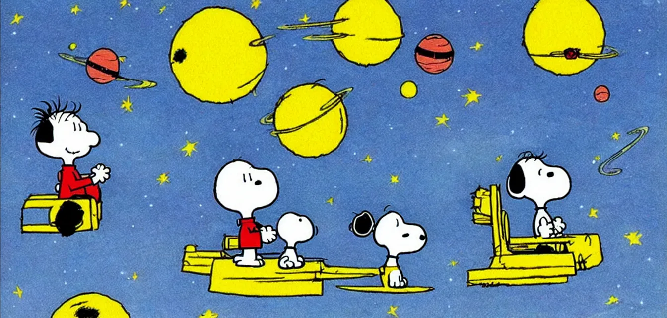 Image similar to calvin and snoopy in space exploring an alien planet, drawn by bill watterson and charles schulz, very detailed and cute and dreamy and playful and happy and cheerful