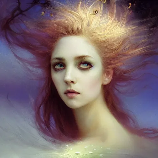 Prompt: dreams of the fae, papery flaking skin, with different colored eyes and flowing hair underwater, three-quarters portrait, intricate, elegant, sharp focus, illustration, highly detailed, digital painting, concept art, matte, by Aleksi Briclot and by Ivan Aivazovsky and by Greg Rutkowski, artgerm, wlop, masterpiece, art nouveau, baroque, fauvism