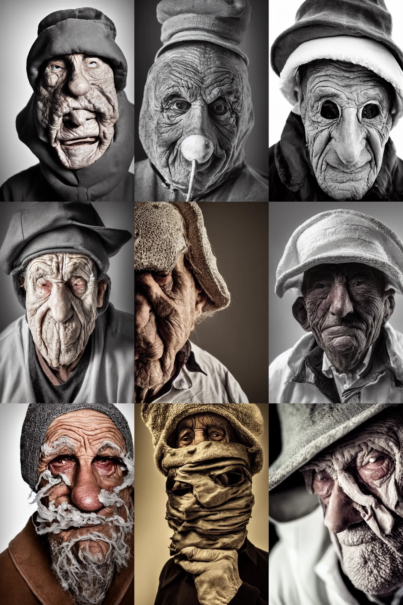 Prompt: high contrast studio close - up portrait of a wrinkled old man wearing a pulcinella mask, clear eyes looking into camera, baggy clothing and hat, backlit, dark mood, nikon, photo by morten krogvold, masterpiece