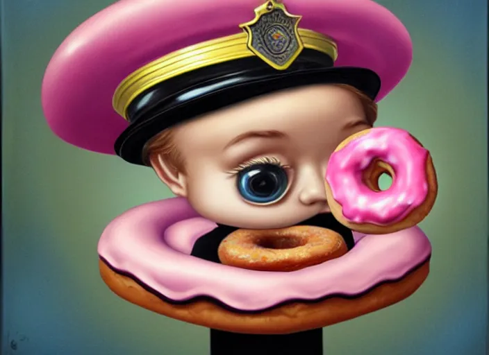 Image similar to a donut wearing a cop hat, lowbrow, matte painting, 3 - d highly detailed, in the style of mark ryden,