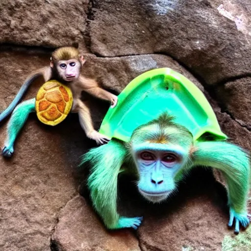 Image similar to a monkey riding on the back of a turtle