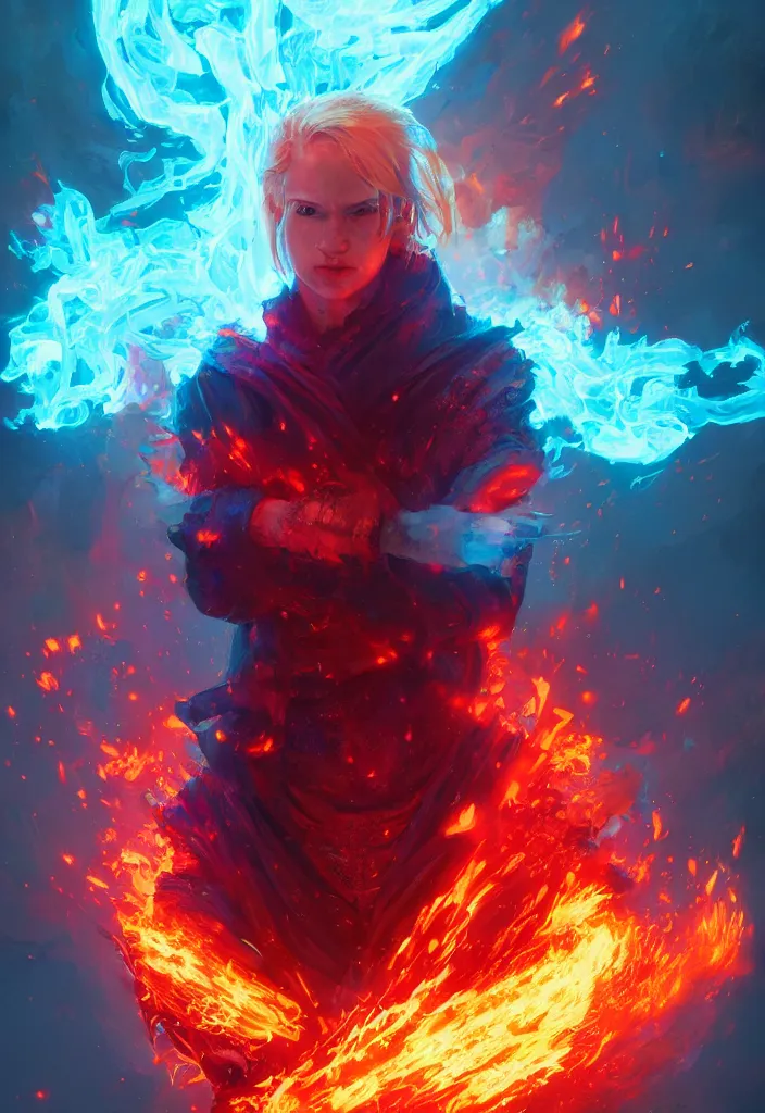 Image similar to a fancy portrait of pissed off mage engulfed in colorful flames by greg rutkowski, sung choi, mitchell mohrhauser, maciej kuciara, johnson ting, maxim verehin, peter konig, 8 k photorealistic, cinematic lighting, hd, high details,