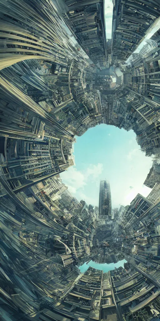 Image similar to Bustling photorealistic!!! utopian city reimagined by Max Hay, inverted fisheye lens!!!, eyelevel!!! view!!! photography, trending on artstation, 4k, 8k, lens distortion, chromatic aberration, soft focus blur, photorealistic imagery, photorealistic details, intricate, highly detailed, artstation 3d, artstation render, artstation 3d render, 3d art, unreal engine 3d, octane 3d, blender 3d, 3d landscape
