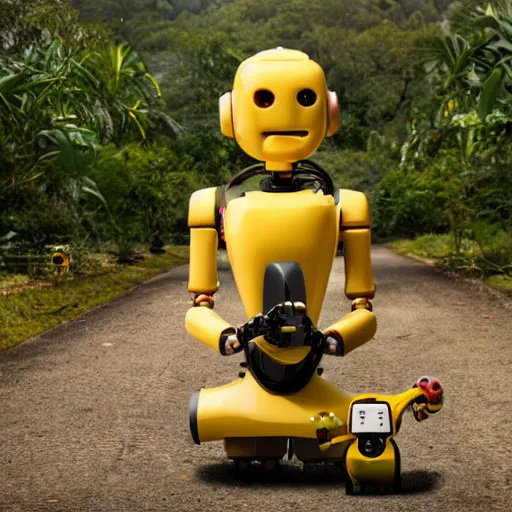 Image similar to detailled robot in meditation pose holding a banana in hand