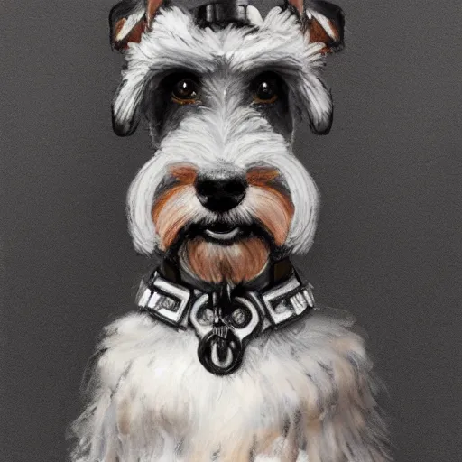 Image similar to portrait of stoic looking miniature schnauzer, military uniform, black fir, white eyebrows, fantasy, intricate, elegant, highly detailed, centered, dark, smokey, charcoal painting, digital painting, artstation, concept art, smooth, sharp focus, illustration, art by artgerm and greg rutkowski and alphonse mucha