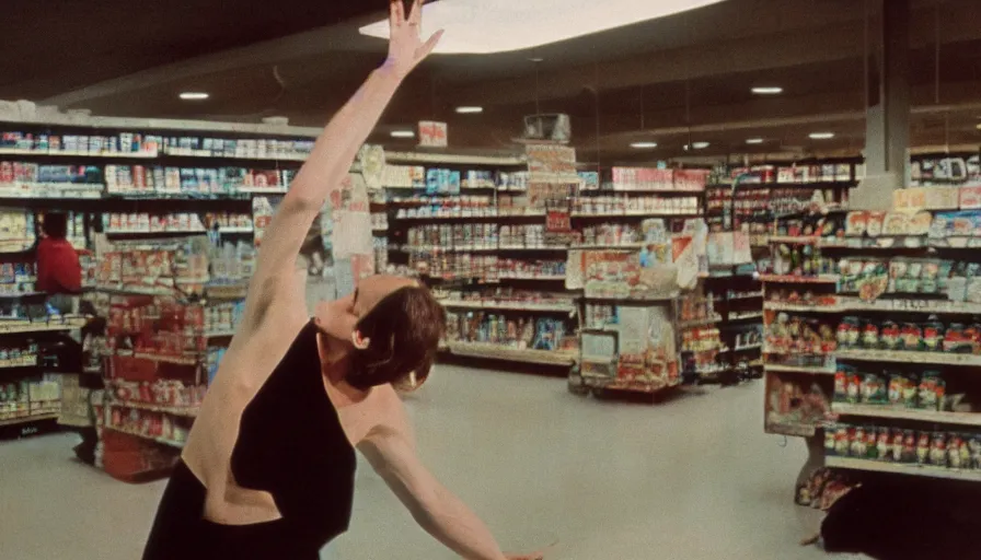 Image similar to 7 0 s film still from a horror movie featuring a person practicing qi gong in the middle of a grocery store, kodachrome, cinecolor, cinestill, photorealism, cinematic, film grain, film texture, vhs recording