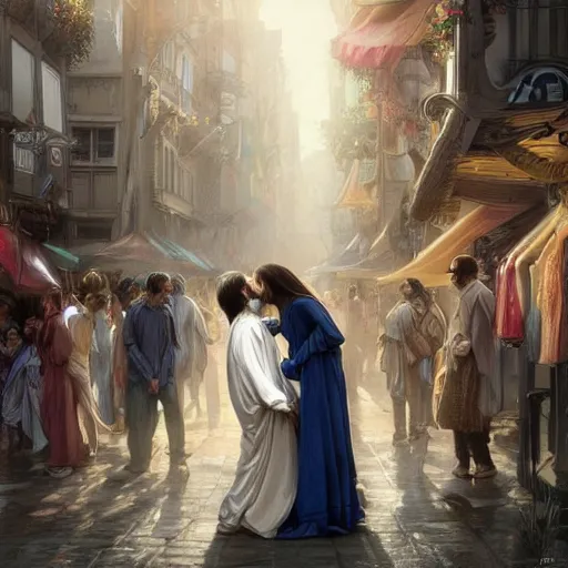 Image similar to jesus kissing a woman in a street, elegant, highly detailed, digital painting, artstation, concept art, matte, sharp focus, highly detailed, 4 k, hdr, smooth, sharp focus, high resolution, award - winning photo, photorealistic, art by artgerm and greg rutkowski and alphonse mucha, large shot